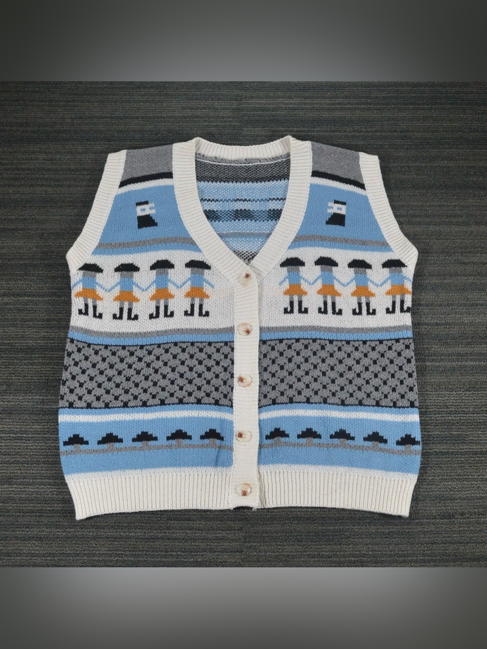 Folk Art People Motif Button Sweater Vest M/L